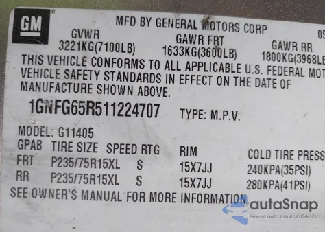 2001 Chevrolet Express Lt from USA, damaged, VIN 1GNFG65R511224707